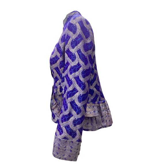 VTG Designer Polatof Women’s Blazer Size M Silk Embroidered Ruffled Royal Blue - Picture 2 of 7